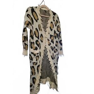 Vtg Windsor Long Leopard Print Distressed Cardigan Sweater Size XL Cover Up